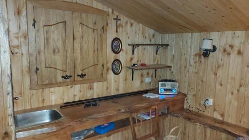 - une cuisine avec des murs en bois et un comptoir avec un évier dans l'établissement ŠUMSKA KUĆA 1, à Rakovica