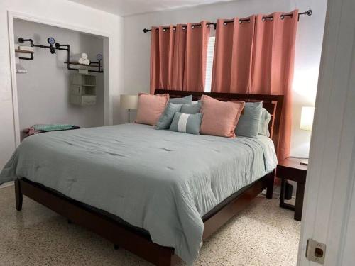 a bedroom with a bed with pink and blue pillows at Stayover In Miami Home 2BR - 1BTH - free parking in Miami
