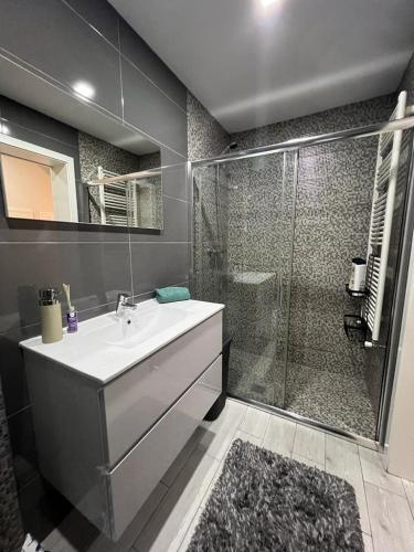 a bathroom with a shower and a sink and a shower at Casa das Flores ll in Paredes de Coura