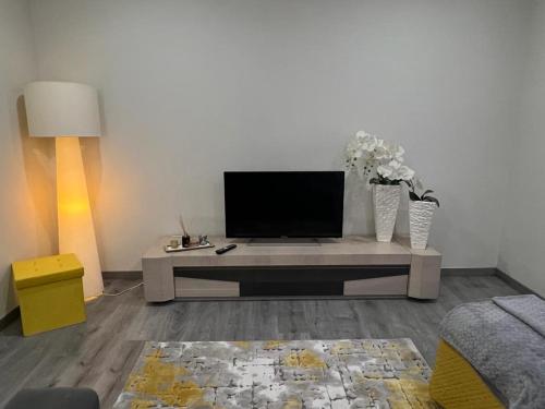 a living room with a tv on a table at Casa das Flores ll in Paredes de Coura