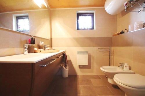 a bathroom with a sink and a toilet and two windows at das Bergerleben in Sonnenalpe Nassfeld