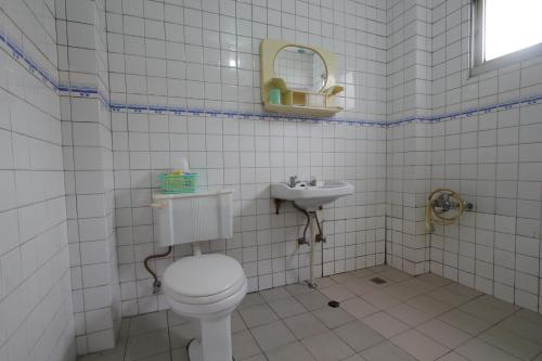 La salle de bains est pourvue de toilettes et d'un lavabo. dans l'établissement Ron Gong Hotel, à Chiayi