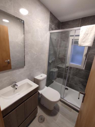 W łazience znajduje się toaleta, prysznic i umywalka. w obiekcie Casa do Vale - Casa Termal - Gerês/Xures w mieście Lobios