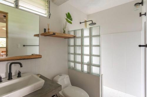La salle de bains blanche est pourvue d'un lavabo et de toilettes. dans l'établissement Casa Melina Torio Cozy upscale 2bd jungle House, à Torio