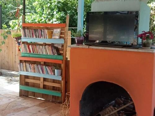 a fireplace with a tv and a book shelf with books at TUTHALİYA HOTEL in Gelemiş