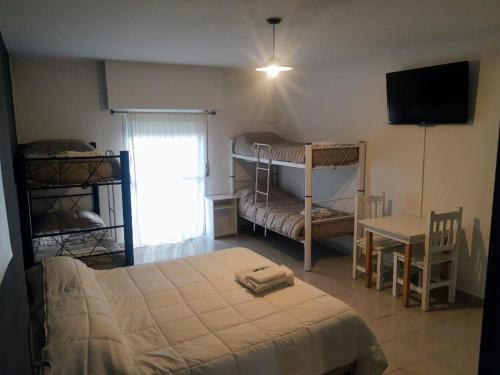 a bedroom with a bed and a desk and a tv at Vida, hotel de playa in Puerto Madryn