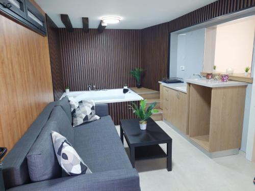 ein Wohnzimmer mit einem Sofa und einer Küche in der Unterkunft קסם הכפר in Ein Kinya