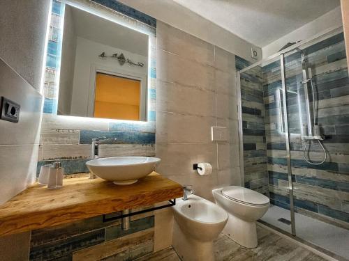 a bathroom with a sink and a toilet and a mirror at Il Gaudente B&B in Santa Fiora