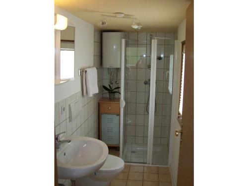 a bathroom with a sink and a toilet and a shower at Ferienwohnung Böhme in Marienberg