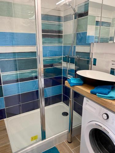 une salle de bain avec douche et machine à laver dans l'établissement Studio Mezzanine La vie en bleu- Vue mer Deauville, à Deauville