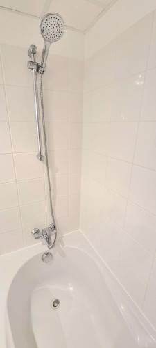 La salle de bains est pourvue d'une douche et d'une baignoire blanche. dans l'établissement STUDIO COSY - VUE MONTAGNE - CLIM - GARE, à Lourdes