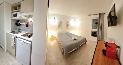 a small bedroom with a bed and a kitchen at STUDIO COSY - VUE MONTAGNE - CLIM - GARE in Lourdes