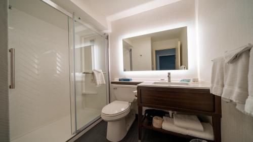 a bathroom with a toilet and a sink and a mirror at Holiday Inn Cleveland - South Independence, an IHG Hotel in Independence