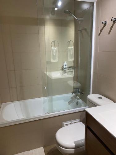a bathroom with a shower and a toilet and a tub at Departamento a pasos de Clinica Las Condes- Estoril in Santiago