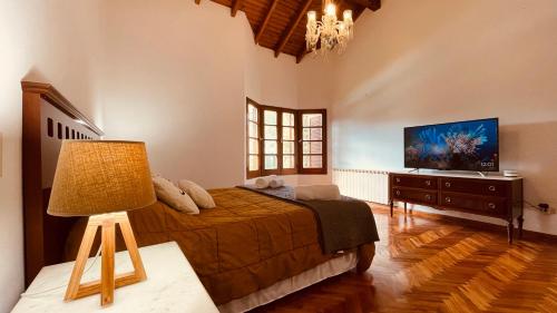 1 dormitorio con 1 cama, TV y lámpara en Blue Sky Mendoza en Mendoza