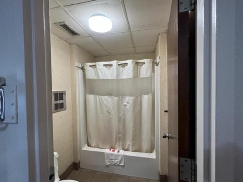 La salle de bains est pourvue d'un rideau de douche et de toilettes. dans l'établissement Posh Inn & Suites, à Wisconsin Rapids