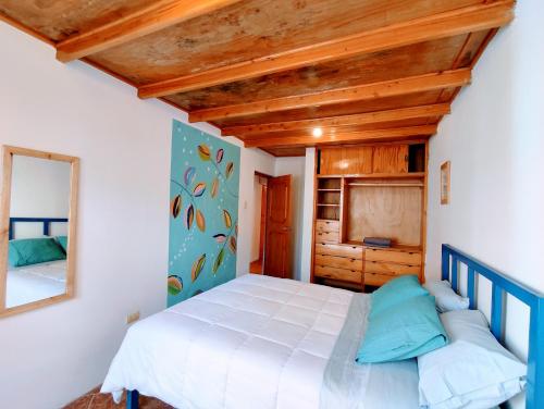 a bedroom with a large bed and a mirror at Casa Tribu in Huaraz