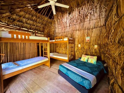 Zimmer mit 2 Etagenbetten und einem Deckenventilator. in der Unterkunft Mistica Island Hostel - Isla Palma in Isla Palma