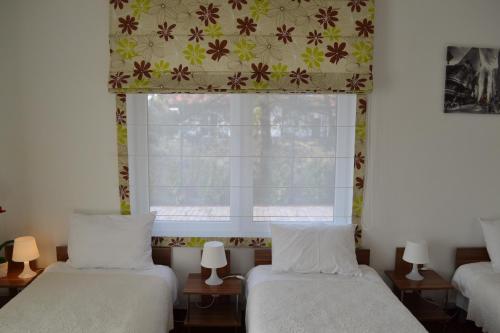 two beds in a room with a window at Kalinowy Sen in Warsaw