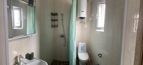 y baño con ducha, aseo y lavamanos. en Apartment Paris Resort Issyk-Kul, en Chok-Tal