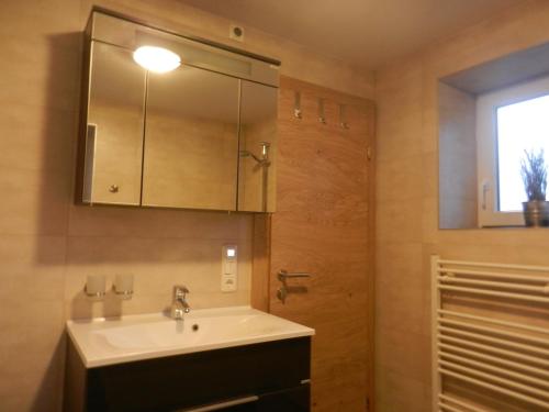łazienka z umywalką i lustrem w obiekcie Ferienhaus Sporer w mieście Iselsberg