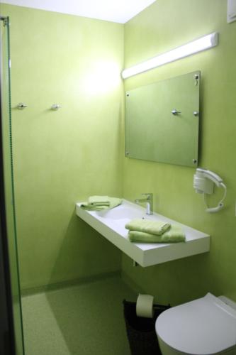 a bathroom with a sink and a mirror and a toilet at Hotel/Pension Rast& Ruh in Zodel