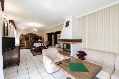 a living room with a couch and a fireplace at Rezydencja Czantoria & Spa in Ustroń