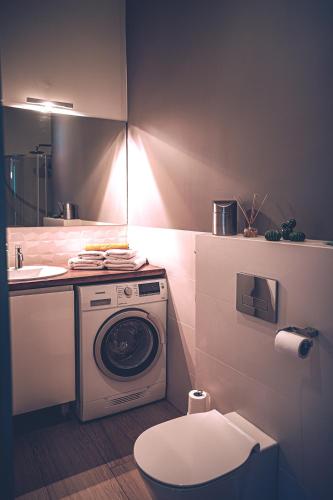 a bathroom with a washing machine and a sink at THE LOFT - Garncarska 1 in Piotrków Trybunalski