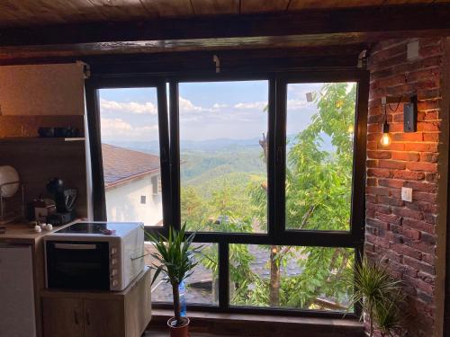 a kitchen window with a view of a mountain view at Александрова вила 1 in Zlatograd
