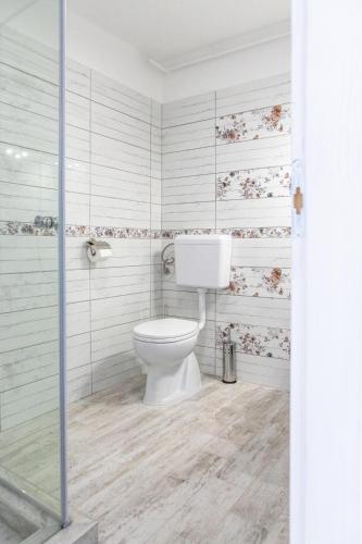 a bathroom with a toilet and a shower at Jázmin Apartman in Makó