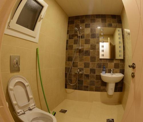 a bathroom with a shower and a toilet and a sink at Bauhaus Motel in Bcharré