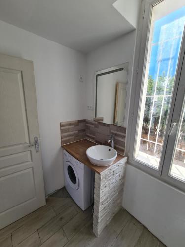 een badkamer met een wastafel en een wasmachine bij Appartement 60m2 rdc avec jardin in Saint-Génis