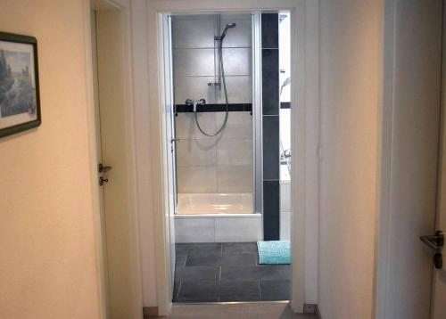 baño con ducha y puerta de cristal en Bögi's Ferienwohnung, en Leipheim