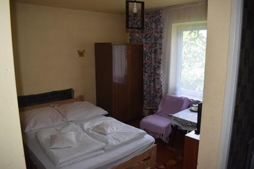 een slaapkamer met een bed, een bureau en een raam bij Dom Noclegowy Ellen in Jarosław