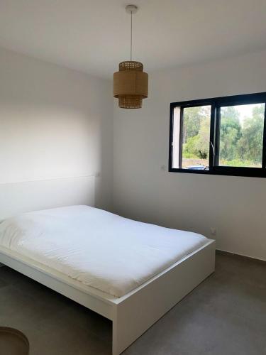 a white bedroom with a bed and a window at Maison chaleureuse à Serra-Di-Fiumorbo in Serracinella