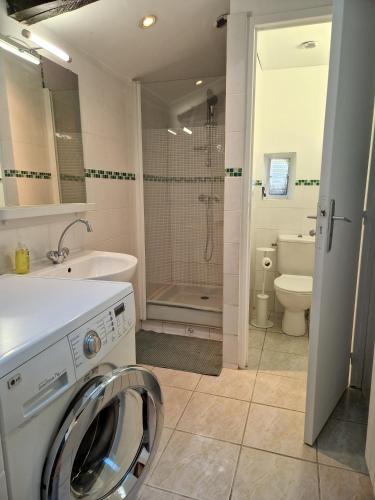 La salle de bains est pourvue d'un lave-linge, de toilettes et d'une douche. dans l'établissement Ò FaYa Cottage votre Gîte calme et verdoyant en Bretagne, à Saint-Mayeux