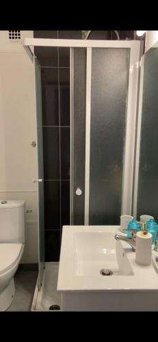 une salle de bain avec un lavabo blanc et des toilettes dans l'établissement Côtéplage, au Lavandou