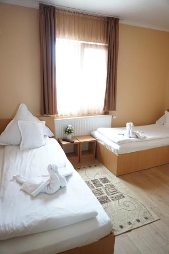 2 camas en una habitación con ventana en Pensiunea Elias, en Cluj-Napoca