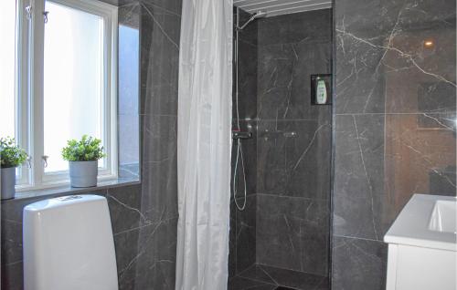 baño con ducha de azulejos negros en 2 Bedroom Amazing Home In Fjlkinge en Fjälkinge