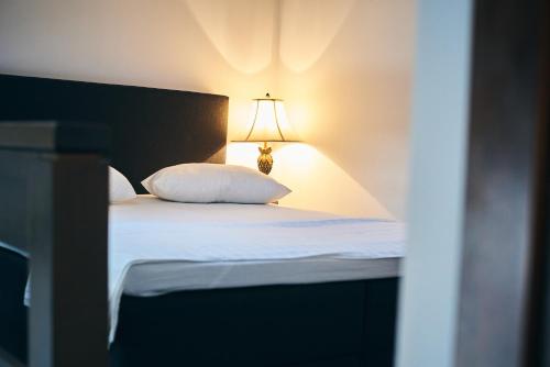 a bedroom with a bed with a lamp on it at Residence Villa Barrio in Bucharest