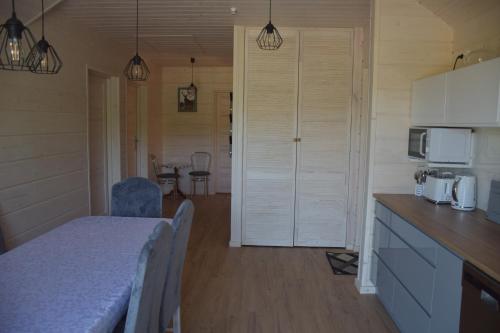 a room with a kitchen with a table and a microwave at Noclegi Święta Katarzyna ,, Pod Jeleniami "prawdziwymi in Święta Katarzyna