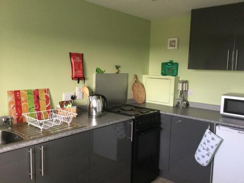 a kitchen with a stove and a counter top at Green Yurt with Hot Tub - Sleeps 3 Parking & WiFi in Turriff