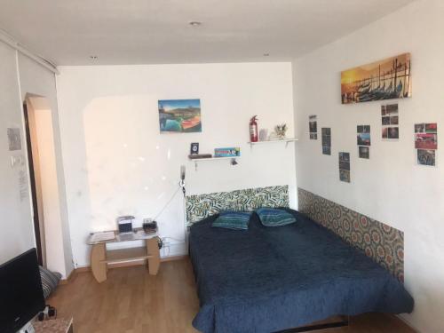ein Schlafzimmer mit einem Bett mit einer blauen Decke in der Unterkunft family studio cluj-napoca in Cluj-Napoca