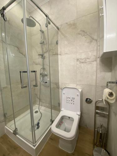 a bathroom with a shower with a toilet and a glass shower stall at Intimate Inn in Arad