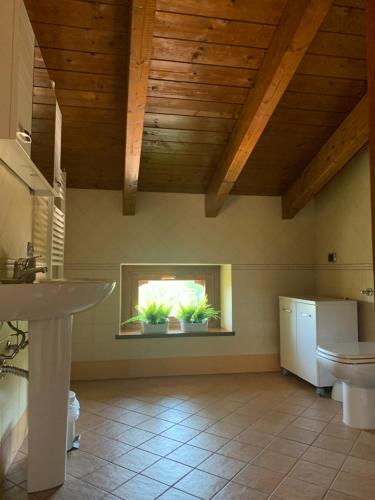 ein Badezimmer mit einem Waschbecken und ein Fenster mit Topfpflanzen in der Unterkunft Borgo La Morra in Pavullo nel Frignano