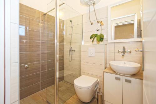ein Bad mit einer Dusche, einem WC und einem Waschbecken in der Unterkunft Apartments by the sea Cove Zastupac, Hvar - 8761 in Hvar