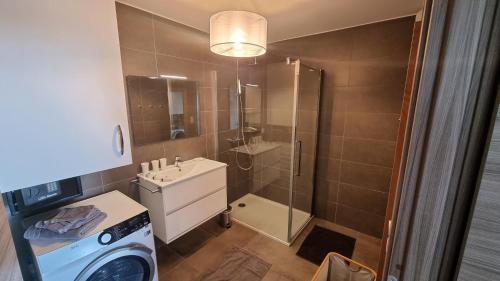 une salle de bain avec douche et machine à laver dans l'établissement Appartement neuf T2 centre de Porticcio, à Porticcio