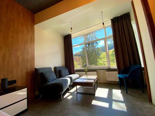 a living room with a couch and a large window at BLUE mountain in Bukovel