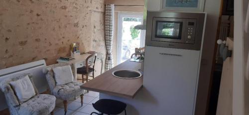 a kitchen with a sink and a microwave on a refrigerator at Les Maharanis in Moisenay
