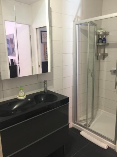 La salle de bains est pourvue d'un lavabo noir et d'une douche. dans l'établissement Chez Marie & Julien, 2 pièces 44m2, à Antibes